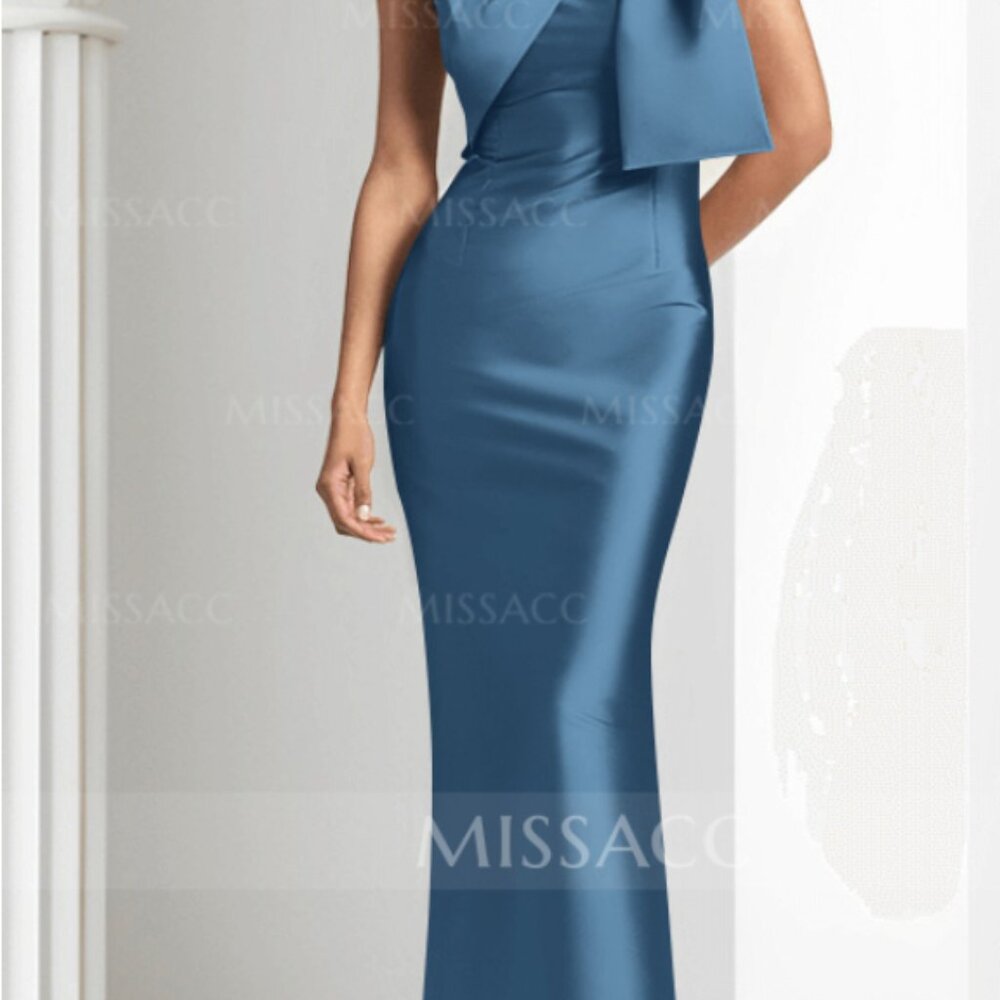 ✨ Elegant One-Shoulder Satin Bow Gown #SMBD10374  -  Slate Blue